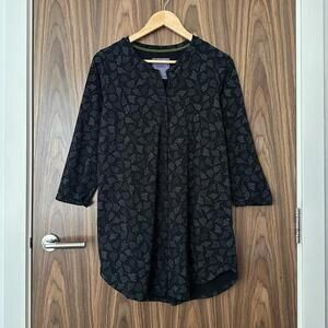 Gudrun Sjoden Black Floral Button Front Cotton Long Sleeve Tunic Dress Medium